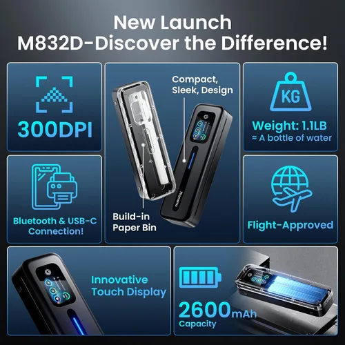 Vista 2 de Phomemo M832D Pantalla táctil Impresora portátil sin tinta térmica Negro