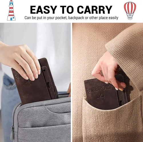 Vista 5 de YINHEXI Funda para pasaporte y funda para tarjeta de vacunación, funda para pasaporte con bloqueo RFID de cuero para mujeres y hombres, organizador