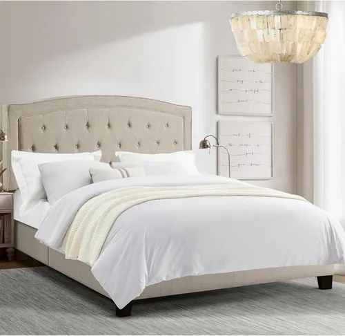 Vista 12 de Rosevera Carlisle Marco de cama con cabecera ajustable con botones para dormitorio, tapizado de lino, soporte de listones de madera, fácil montaje