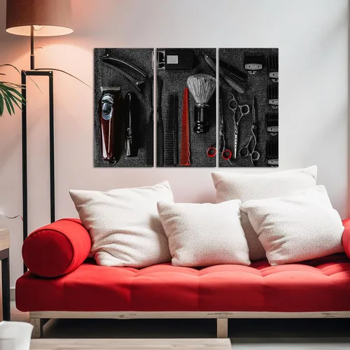 Vista 3 de RnnJoile 3 piezas de arte de pared de peluquería salón de peluquería herramientas de pintura impresiones sobre lienzo negro y rojo accesorios