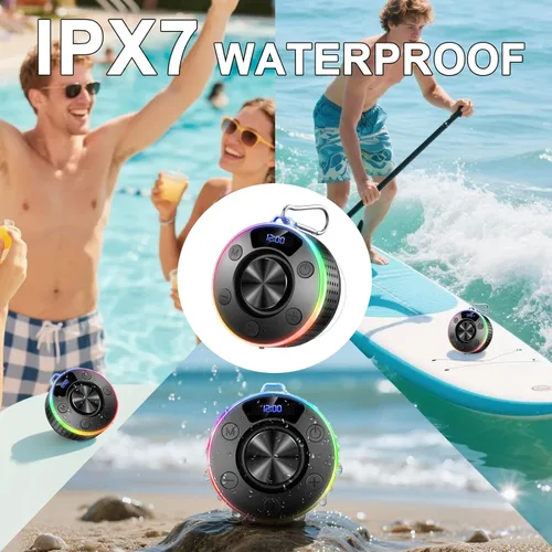 Vista 3 de Donerton Bluetooth Shower Speaker, Portable Bluetooth 5.4 Speaker with 360°HD Stereo Sound and Robust Bass, IPX7 Waterproof Speakers, LED Light