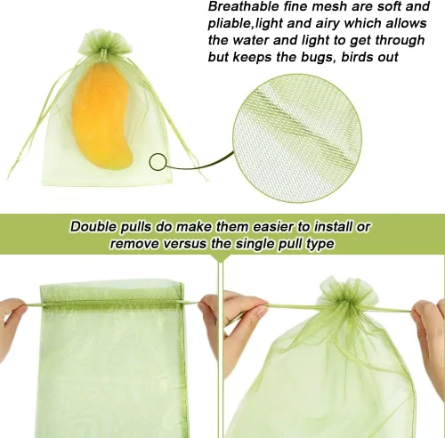 Vista 2 de 100 piezas de bolsas de protección de frutas 15x23 cm, bolsas de cobertura de malla verde con cordón, protectores de frutas de malla, barrera contra