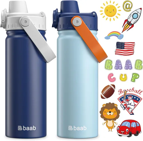 Vista 11 de baab Botella de Agua para Niños de 18 oz, Botella de Agua Aislada para Niños con Tapa de Boquilla Bloqueable y Calcomanías, Taza de Agua para Niños