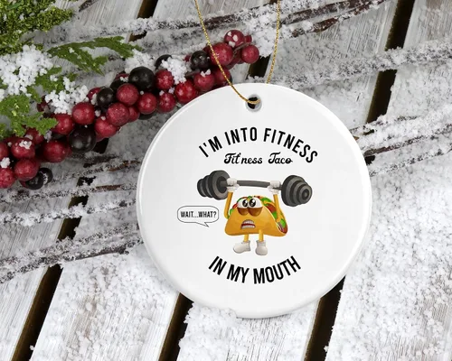 Vista 2 de I'm Into Fitness Fit'ness Taco in My Mouth – Divertido adorno de tacos – Adorno de Navidad – Adorno de vacaciones – Adorno de cerámica impreso