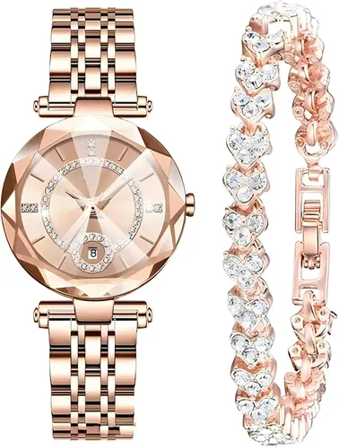 Vista 9 de Relojes de mujer con pulsera oro rosa para dama elegante correa de acero inoxidable moda analógico creativo diamante dial reloj de pulsera