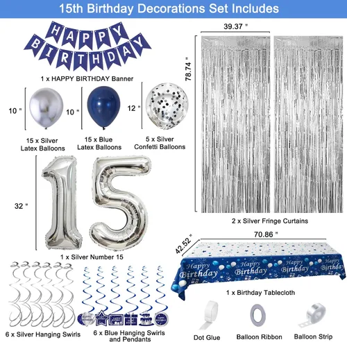 Vista 2 de Decoraciones de cumpleaños número 15 para niños y niñas azul plateado, pancarta de decoraciones de feliz cumpleaños número 15, globos de cumpleaños