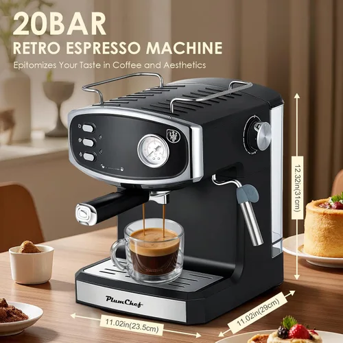 Vista 2 de Plum chef Cafetera espresso de 20 barras para el hogar, cafetera compacta profesional con vaporizador de leche, medidor de presión, tanque de 54