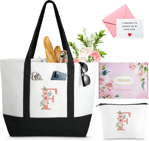 Vista 10 de TRSODD Regalos de cumpleaños para mujer, bolsa de lona con inicial con correa ajustable para el hombro y bolsa de maquillaje, regalos para mamá