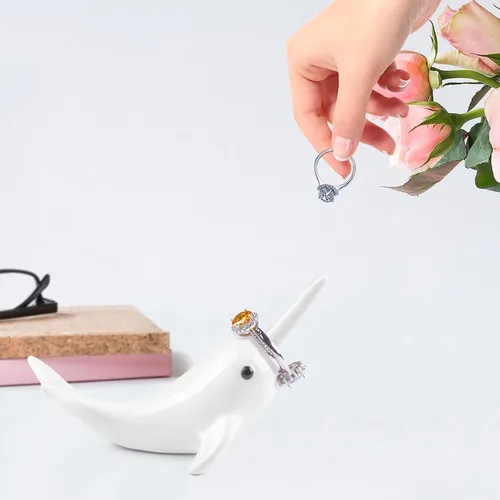 Vista 5 de Soporte para anillos de delfín blanco, bonita decoración, organizador de anillos pequeños, regalo único de delfín para mujeres, novia, novio