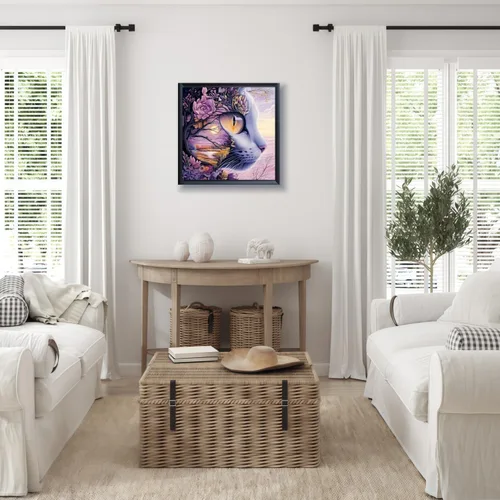 Vista 3 de Mosaflare Kits de pintura de diamantes 5D para adultos, arte de diamantes de gato en flor de cerezo para principiantes, pintura de taladro redondo