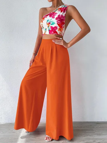 Vista 5 de Floerns Conjunto de dos piezas para mujer con un hombro y pantalones largos de pierna ancha