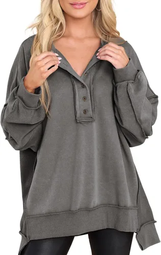 Vista 42 de AlvaQ - Sudadera de gran tamaño para mujer, informal, de manga larga, con botones y cuello Henley, tipo túnica