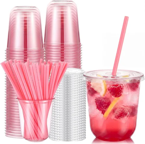 Vista 8 de Ziliny Juego de 50 vasos de plástico de paja negra con pajitas y tapas en forma de corazón, tazas desechables para café helado, mascotas