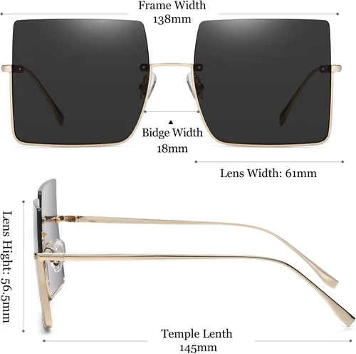 Vista 3 de SHES SH3103 - Gafas de sol cuadradas de gran tamaño para mujer, diseño de moda, marco de metal sin montura