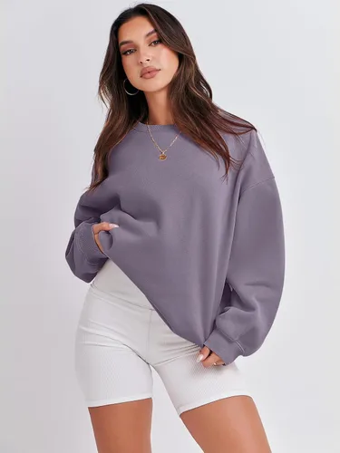 Vista 6 de ANRABESS - Sudaderas de vellón de mujer, cuello redondo, de gran tamaño, bonitas, para otoño e invierno, para estudiantes de preparatoria, jóvenes