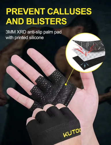 Vista 3 de KUTOOK Guantes de entrenamiento para levantamiento de pesas para hombres/mujeres, guantes de gimnasio con relleno XRD de 0.118 in, guantes parciales