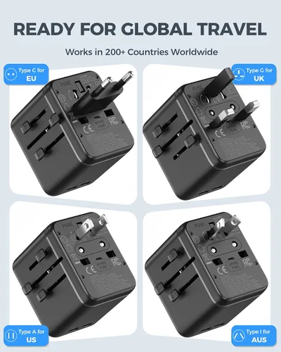Vista 3 de JMFONE Adaptador de viaje universal, 3 USB-C 1 USB-A, salidas de CA duales