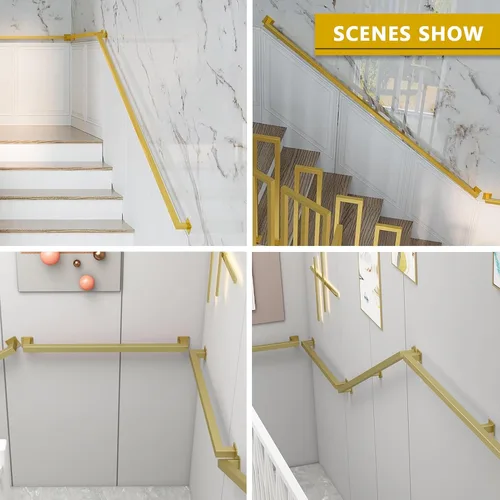 Vista 6 de Barandillas doradas para escaleras, barandillas modernas con soportes de hierro forjado y tornillos de metal, barra de seguridad para interiores