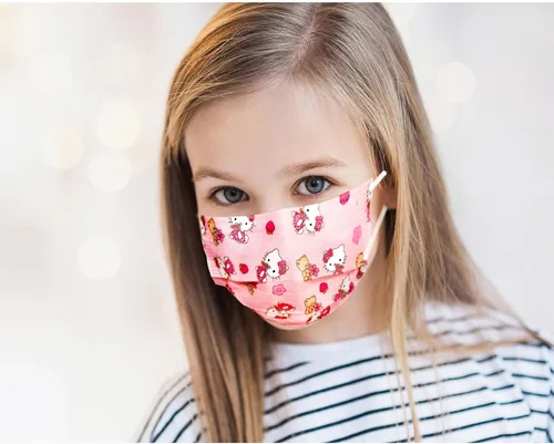 Vista 5 de Cubrebocas desechable para niños envueltos individualmente, 50 unidades, máscaras para niños, jóvenes, 3 capas Kawaii unisex para niños