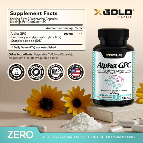 Vista 2 de X Gold Health Alpha GPC Colina 600 mg, suplemento nootrópico puro, 120 cápsulas vegetales, potenciador cognitivo para la memoria, salud cerebral