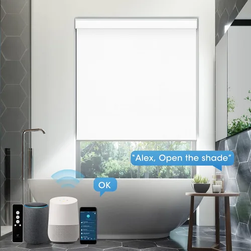 Vista 3 de SmartWings Persianas enrollables motorizadas compatibles con Alexa SmartThings Google, 100 % opacas, impermeables, de vinilo, sin cables, persianas