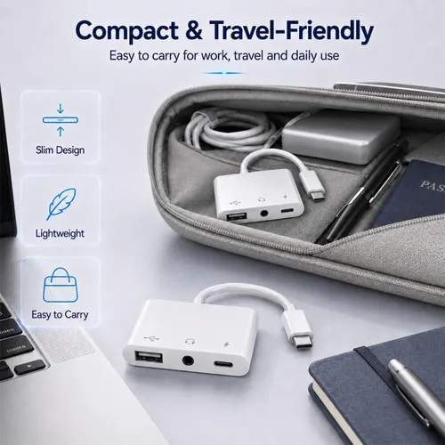 Vista 11 de Adaptador USB C 3 en 1 para iPhone 15 16, adaptador USB C a USB-A OTG con conector para auriculares de 0.1 in y puerto de carga rápida PD, divisor