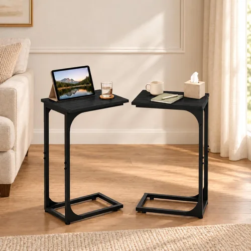 Vista 16 de Mesa auxiliar en forma de C para sofá, soporte de café pequeño, bandeja de sofá con marco de metal, parte superior de madera impermeable resistente