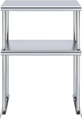Vista 4 de Estante doble de acero inoxidable resistente con certificación NSF de calibre 18 con soportes para cocinas, cuartos de servicio, almacenamiento