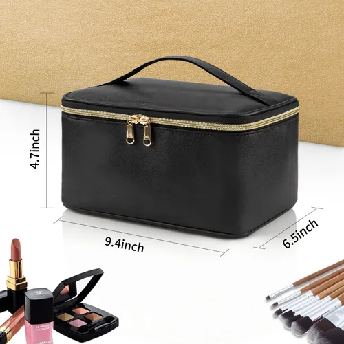 Vista 5 de OCHEAL Bolsa de maquillaje, bolsa de cosméticos portátil, organizador de maquillaje de viaje de gran capacidad, color negro para mujeres, bolsa