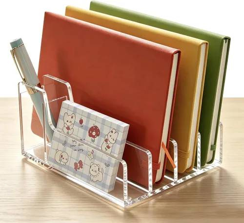 Vista 8 de Soporte de correo acrílico transparente con 8 compartimentos – Clasificador vertical de letras y organizador de escritorio multifunción