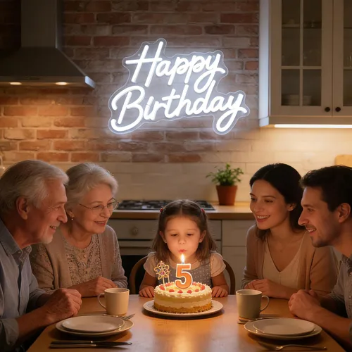 Vista 4 de Letrero de neón de feliz cumpleaños para decoración de pared, letrero con luz LED regulable Feliz cumpleaños-blanco