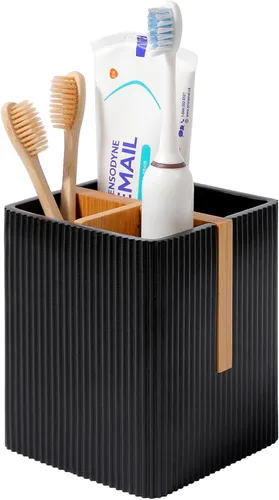 Vista 12 de Portacepillos de dientes para baño, soporte eléctrico de bambú para cepillos de dientes, color negro