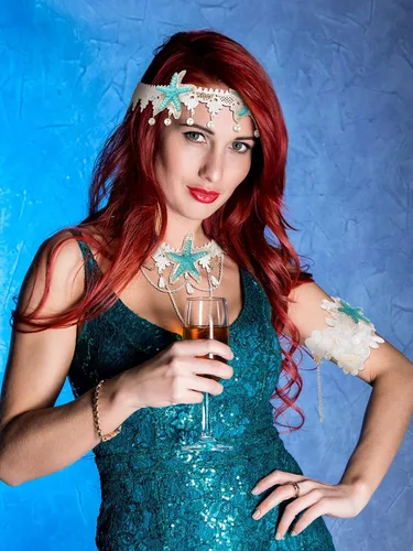 Vista 6 de Dingion 6 accesorios para el cabello de sirena, diadema de concha de estrella de mar, collar de estrella de mar, pulsera de brazo de sirena, clip