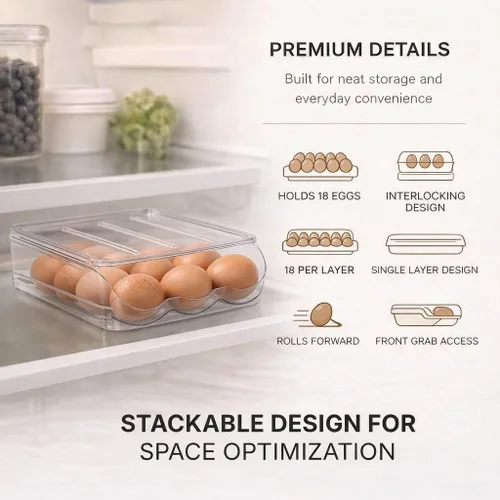 Vista 6 de Soporte para huevos para refrigerador con dispensador automático rodante, dispensador de huevos para refrigerador, organizador de huevos apilable