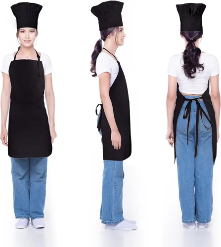 Vista 3 de Conjunto de delantal y sombrero de chef, sombrero de chef con cinta Negro