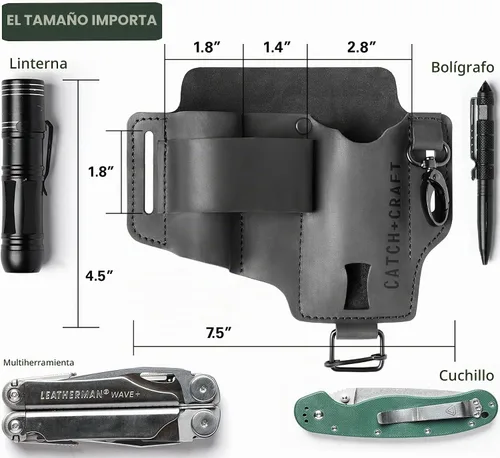 Vista 5 de Funda EDC multiherramienta para cinturón - Funda compacta para cuchillo y linterna para uso diario - Funda Leatherman para hombres - Organizador