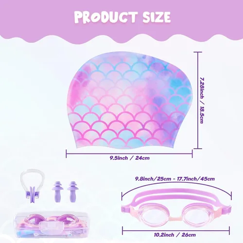 Vista 5 de Paquete de 2 gorros de natación impermeables de silicona para niños y niñas (3-8 años), diseño de sirena de unicornio, gorro de natación para niños