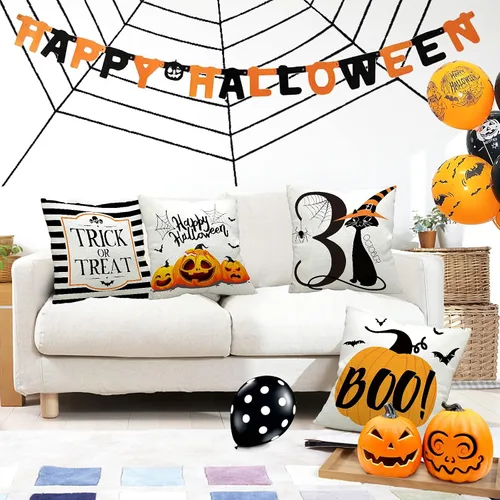 Vista 5 de CH HAICHENG Juego de 4 fundas de almohada de Halloween de 18 x 18 pulgadas, juego de 4 fundas de almohada de lino para sofá cama o decoración
