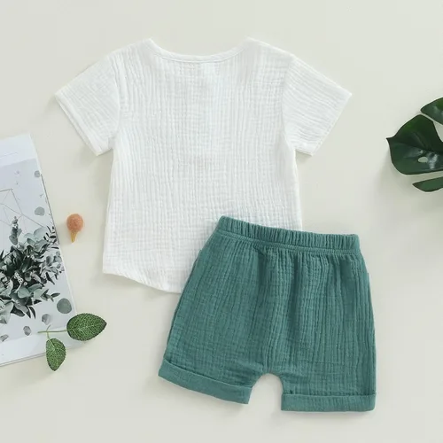 Vista 21 de fhutpw Conjunto de 2 piezas de ropa de verano para bebés, camiseta de manga corta, cintura elástica, pantalones cortos para niños pequeños