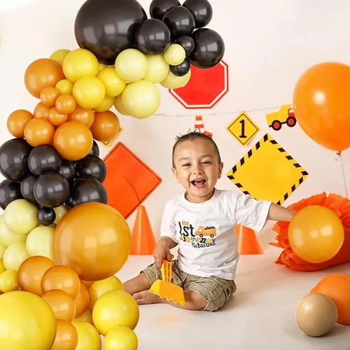 Vista 6 de Kit de guirnalda de globos, kit de arco de globos retro naranja, negro y amarillo, arco de globos de construcción, globos de látex para fiesta