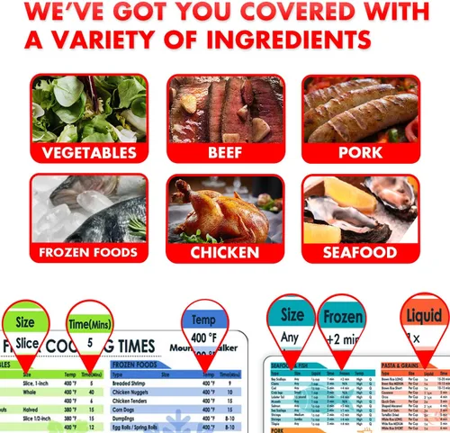 Vista 4 de Juego de hojas magnéticas para freidora de aire con tiempos de cocción de olla a presión, más de 120 alimentos, fuente grande, guía de referencia