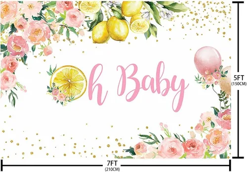 Vista 5 de SENDY Telón de fondo de baby shower de limón de 7 x 5 pies, suministros de decoración de fiesta de bebé para niña, globo rosa, floral, dorado