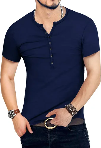 Vista 3 de KUYIGO - Camiseta básica entallada para hombre con manga largacorta y botones, moda de verano