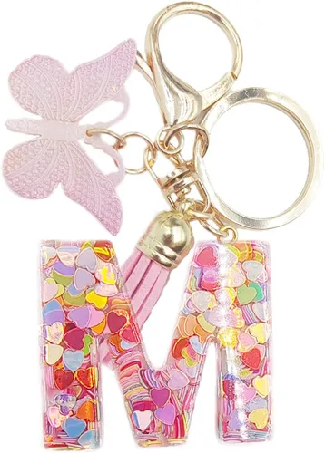Vista 2 de Llavero de la letra A-Z con borla rosa mariposa llavero para mujeres niñas mochila bolsos colgante
