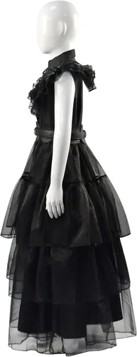 Vista 4 de Addams - Disfraz de cosplay familiar de Wednesday Addams con cinturón para niños para Halloween