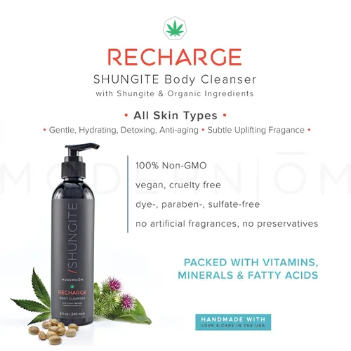 Vista 6 de Modern ŌM Shungite Recharge Gel de baño con aceite de semilla de cáñamo Todo tipo de piel, limpiador orgánico para cara, manos, cuerpo Vegano