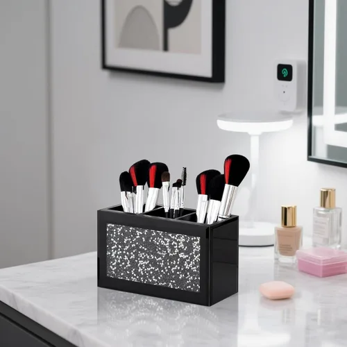 Vista 5 de SHYFOY Organizador Portacepillos de Maquillaje Negro, Organizador de Almacenamiento de Cepillos de Cosméticos de 3 Ranuras de Vidrio con Diamante