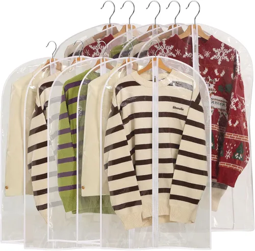 Vista 8 de Bolsas de ropa para colgar ropa, 6 bolsas de ropa transparentes, bolsa de plástico a prueba de polvo, protector de abrigo con cremallera