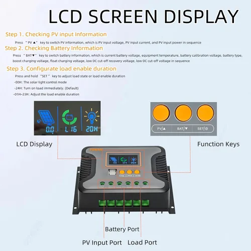 Vista 4 de Powmr Controlador de carga solar PWM de 60 A, 12 V, 24 V, 36 V, 48 V, con pantalla retroiluminada, puerto USB dual, PV máximo 100 VDC, regulador