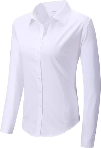 Vista 23 de Blusa de trabajo con botones para mujer, de algodón elástico, manga larga, ajuste delgado